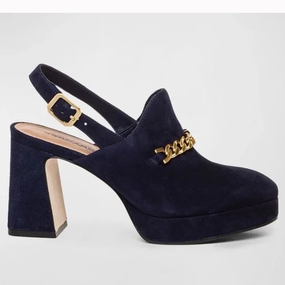 New Bernardo Napa platform sling back chain detail leather heel 7.5 navy - Picture 6 of 8
